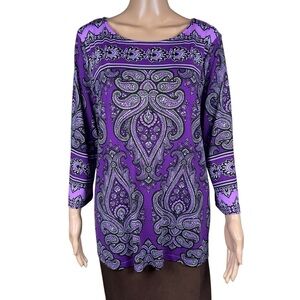 Bob Mackie Purple Paisley 3/4 Bell Sleeve Top Size L